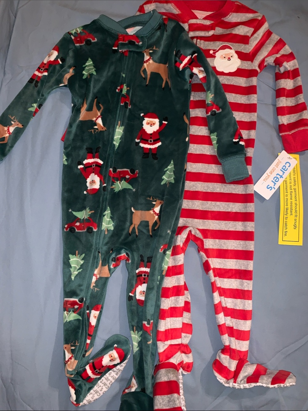 2PC Carter's Red & Green Holiday Footed One-Piece Pajamas - Santa & Reindeer